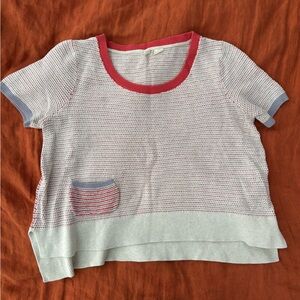 Moth Short Sleeve Knit Top in White, Pink & Blue